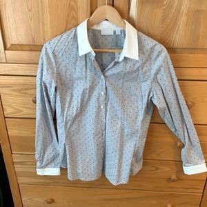 Pint stripe, polka dot blouse.